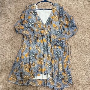 Free People Floral Midi Dress in Blue and Mustard
